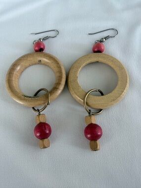 Handcrafted Wooden Hoop Earrings with Pink Beads